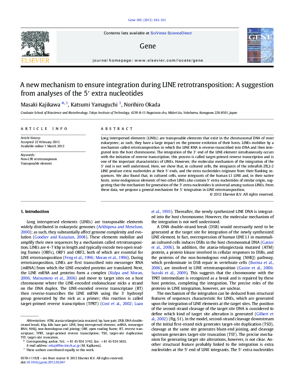 A new mechanism to ensure integration during LINE retrotransposition: A suggestion from analyses of the 5′ extra nucleotides