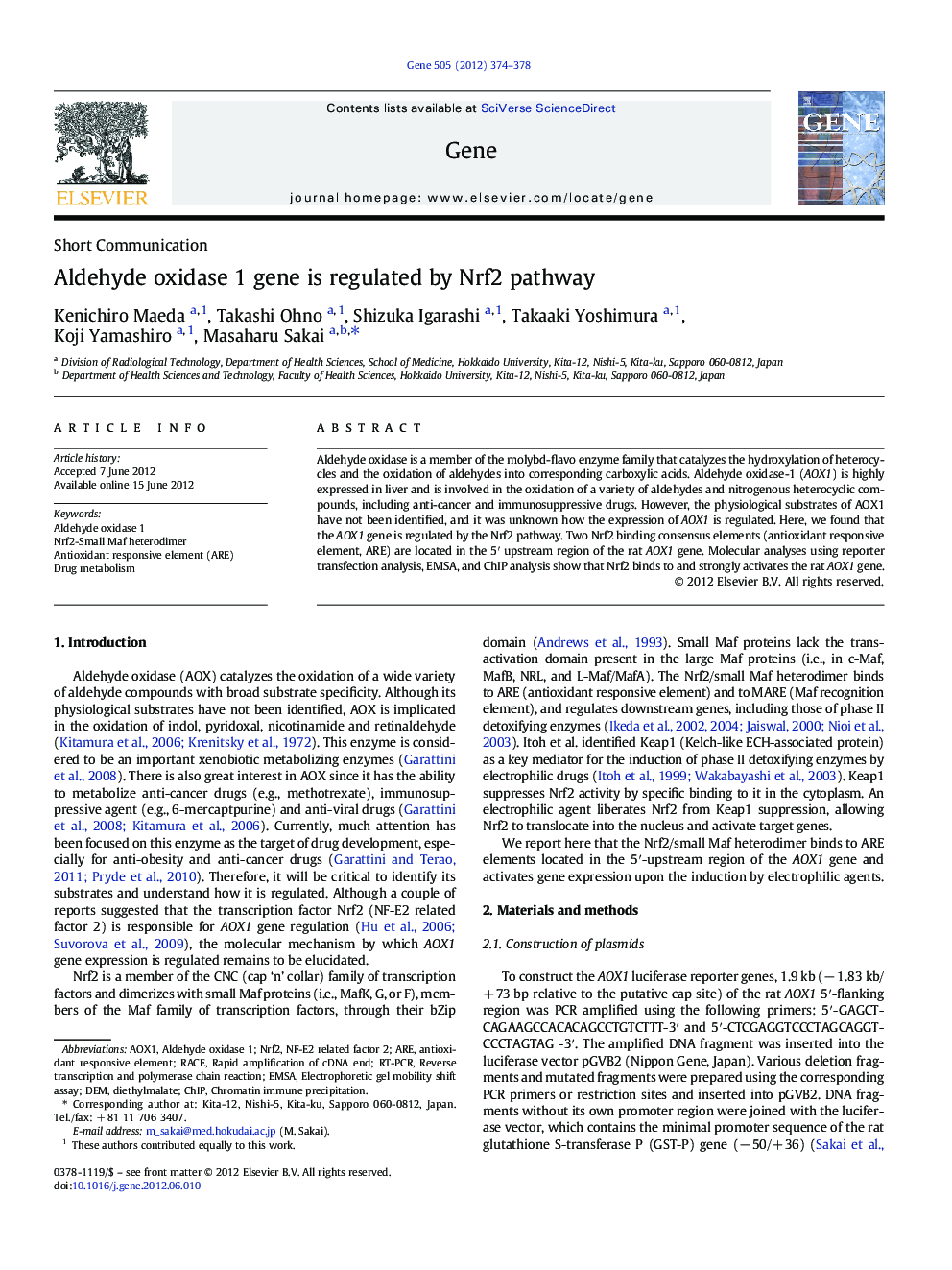 Aldehyde oxidase 1 gene is regulated by Nrf2 pathway