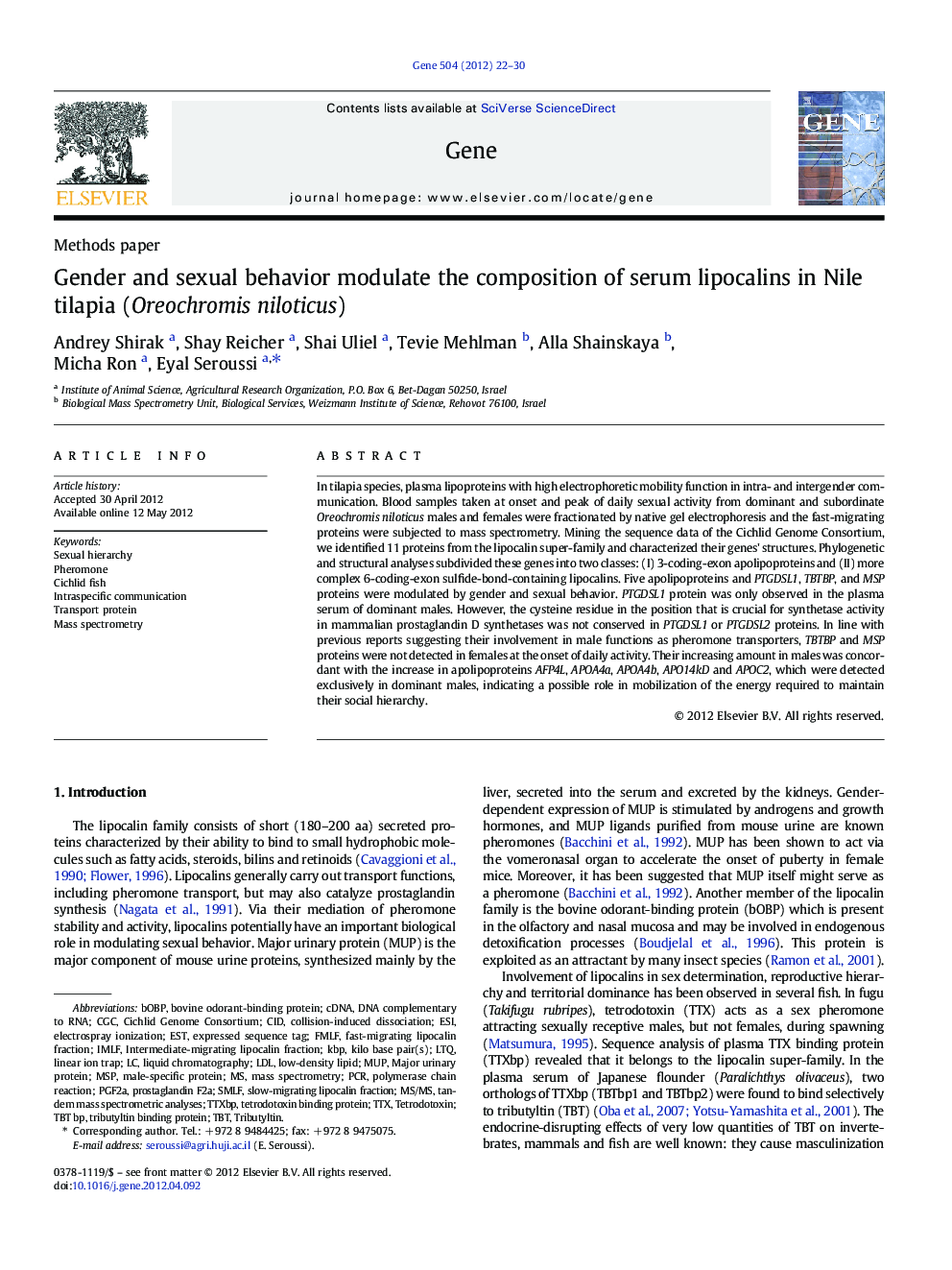 Gender and sexual behavior modulate the composition of serum lipocalins in Nile tilapia (Oreochromis niloticus)