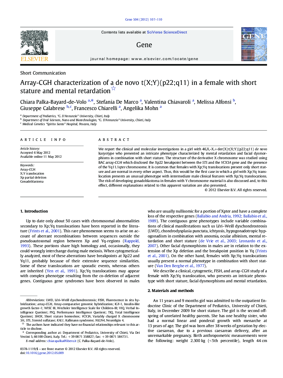 Array-CGH characterization of a de novo t(X;Y)(p22;q11) in a female with short stature and mental retardation 