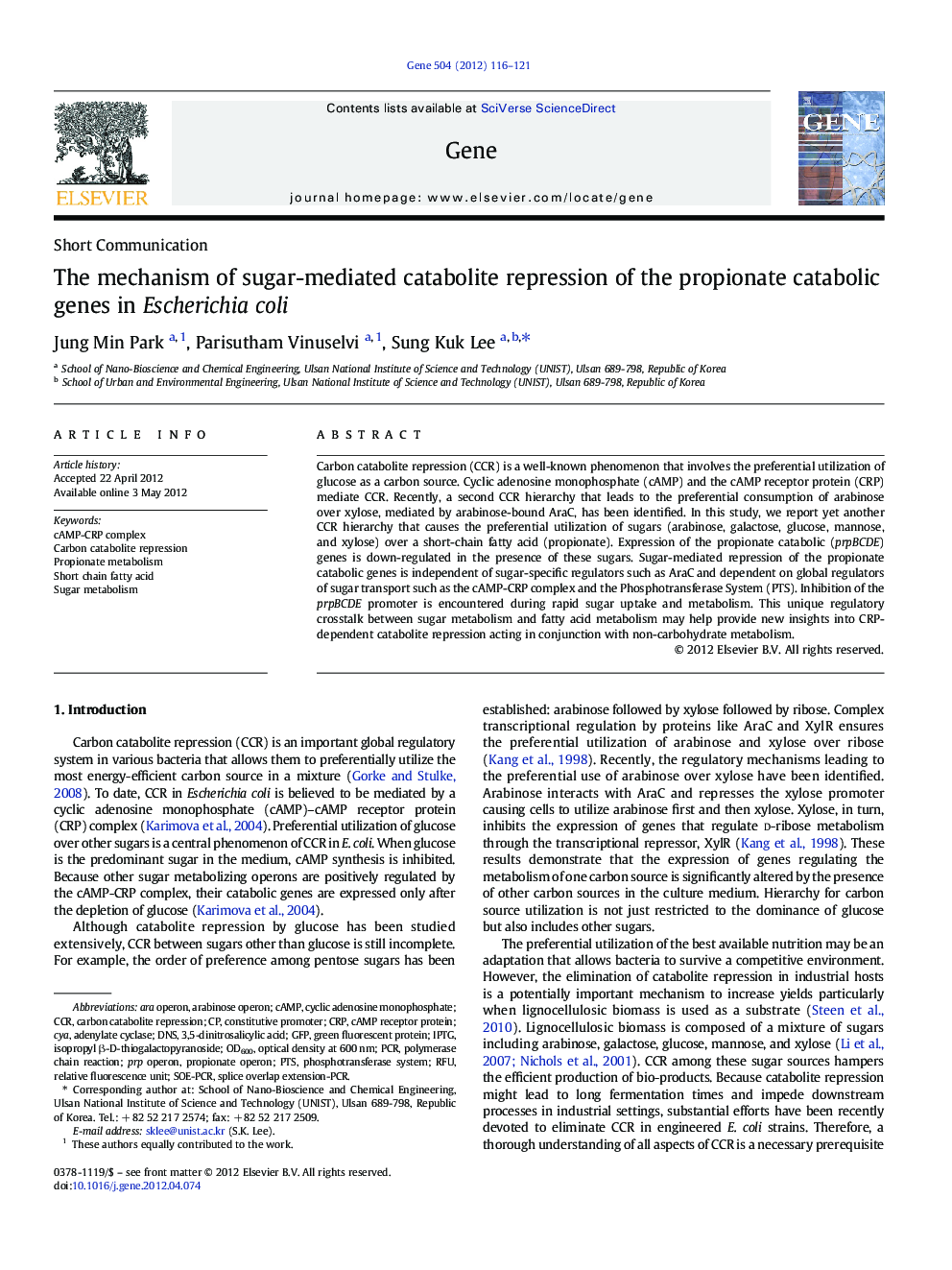 The mechanism of sugar-mediated catabolite repression of the propionate catabolic genes in Escherichia coli