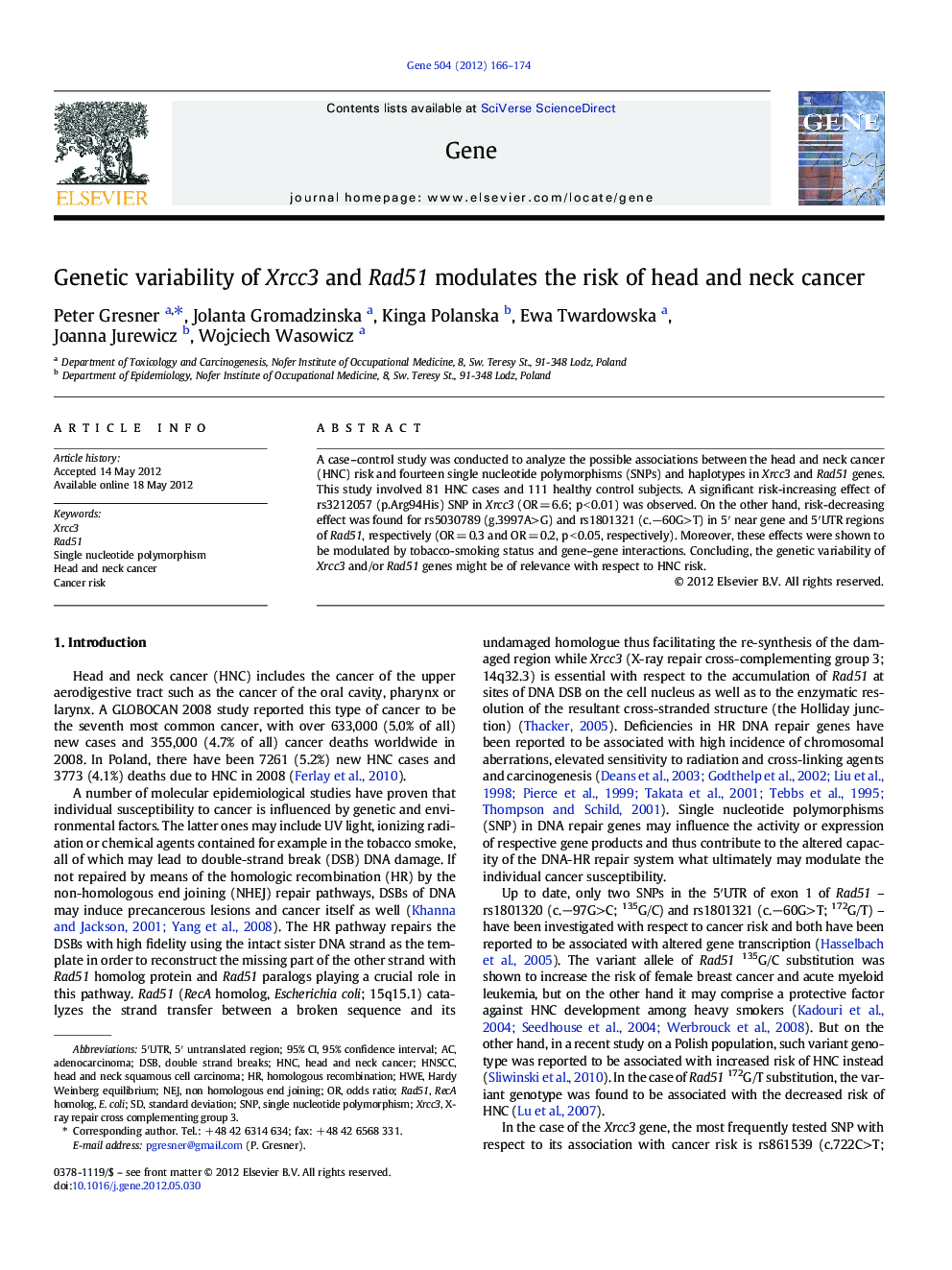 Genetic variability of Xrcc3 and Rad51 modulates the risk of head and neck cancer