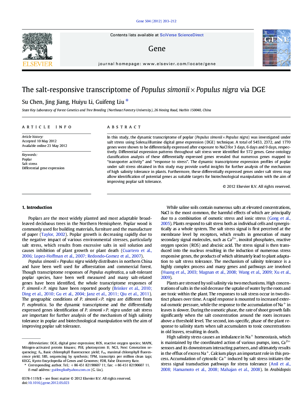 The salt-responsive transcriptome of Populus simonii × Populus nigra via DGE