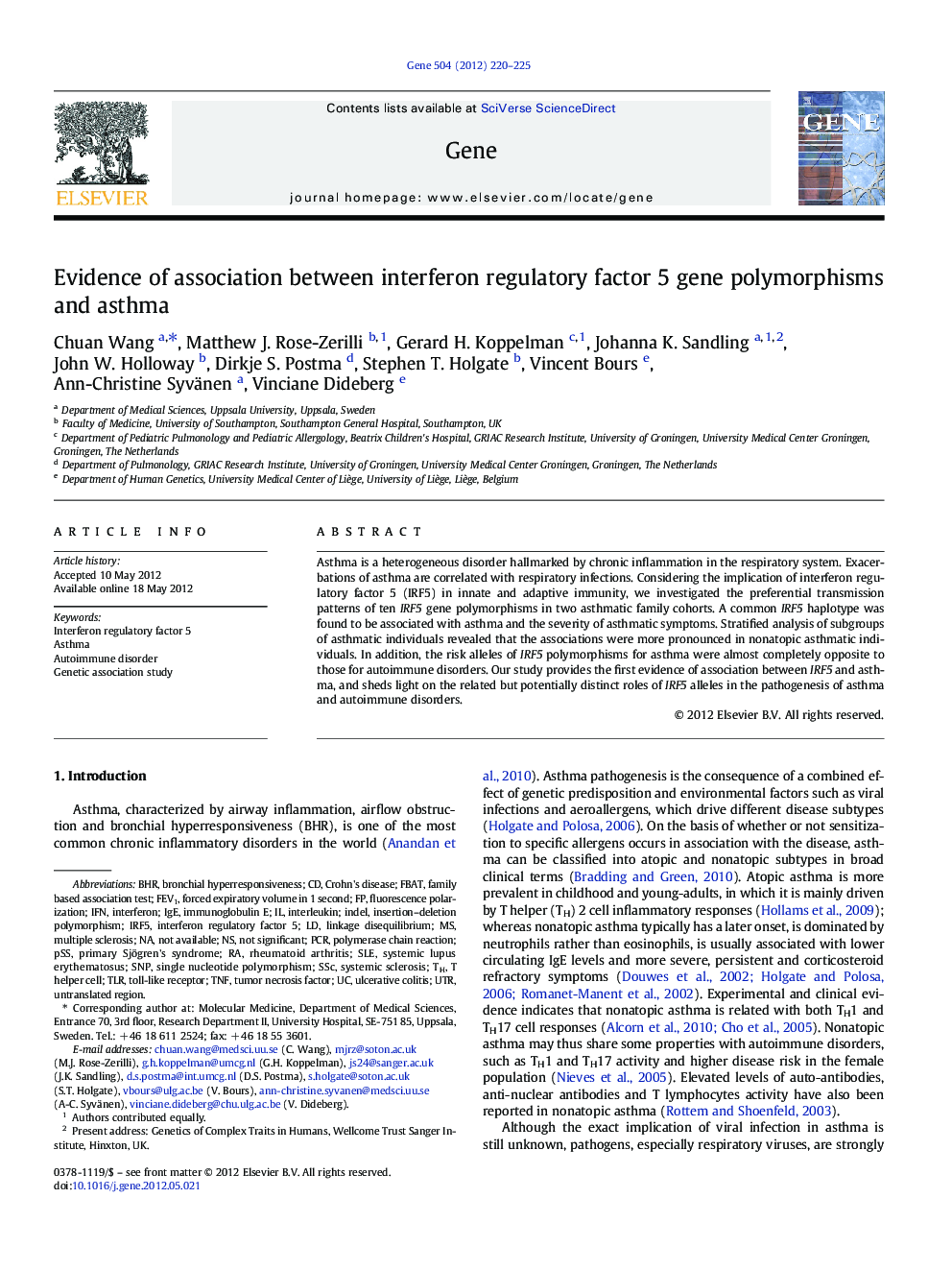 Evidence of association between interferon regulatory factor 5 gene polymorphisms and asthma