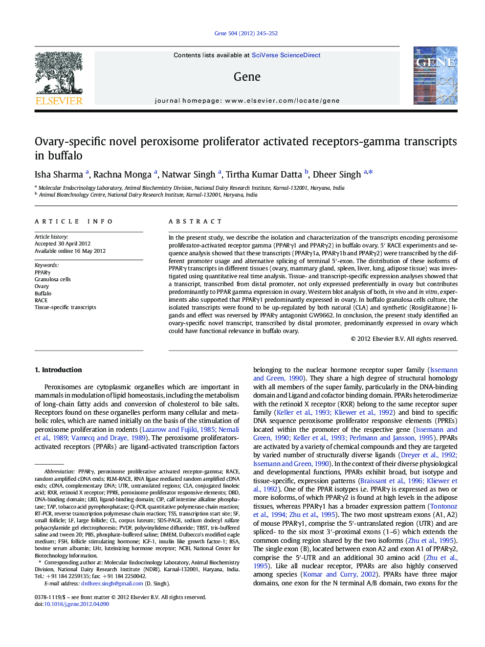 Ovary-specific novel peroxisome proliferator activated receptors-gamma transcripts in buffalo