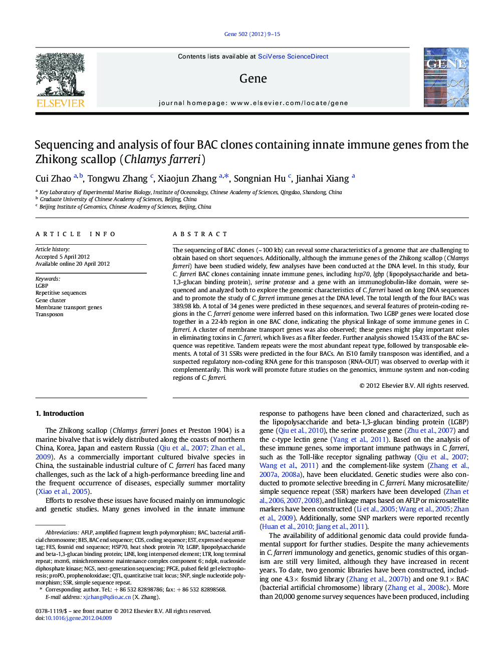 Sequencing and analysis of four BAC clones containing innate immune genes from the Zhikong scallop (Chlamys farreri)