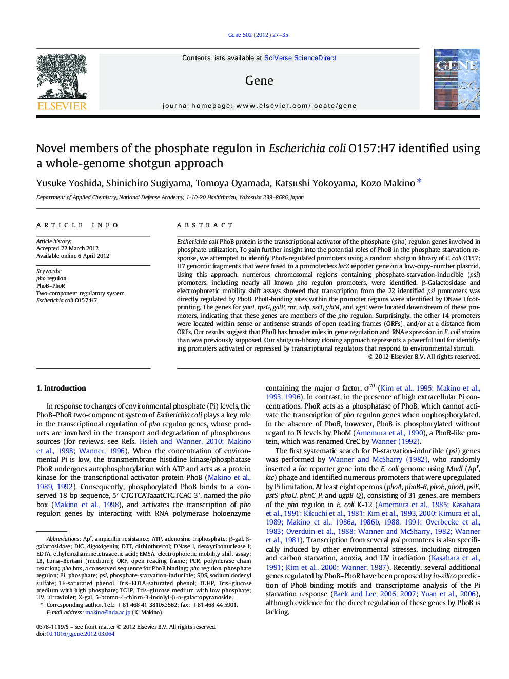 Novel members of the phosphate regulon in Escherichia coli O157:H7 identified using a whole-genome shotgun approach