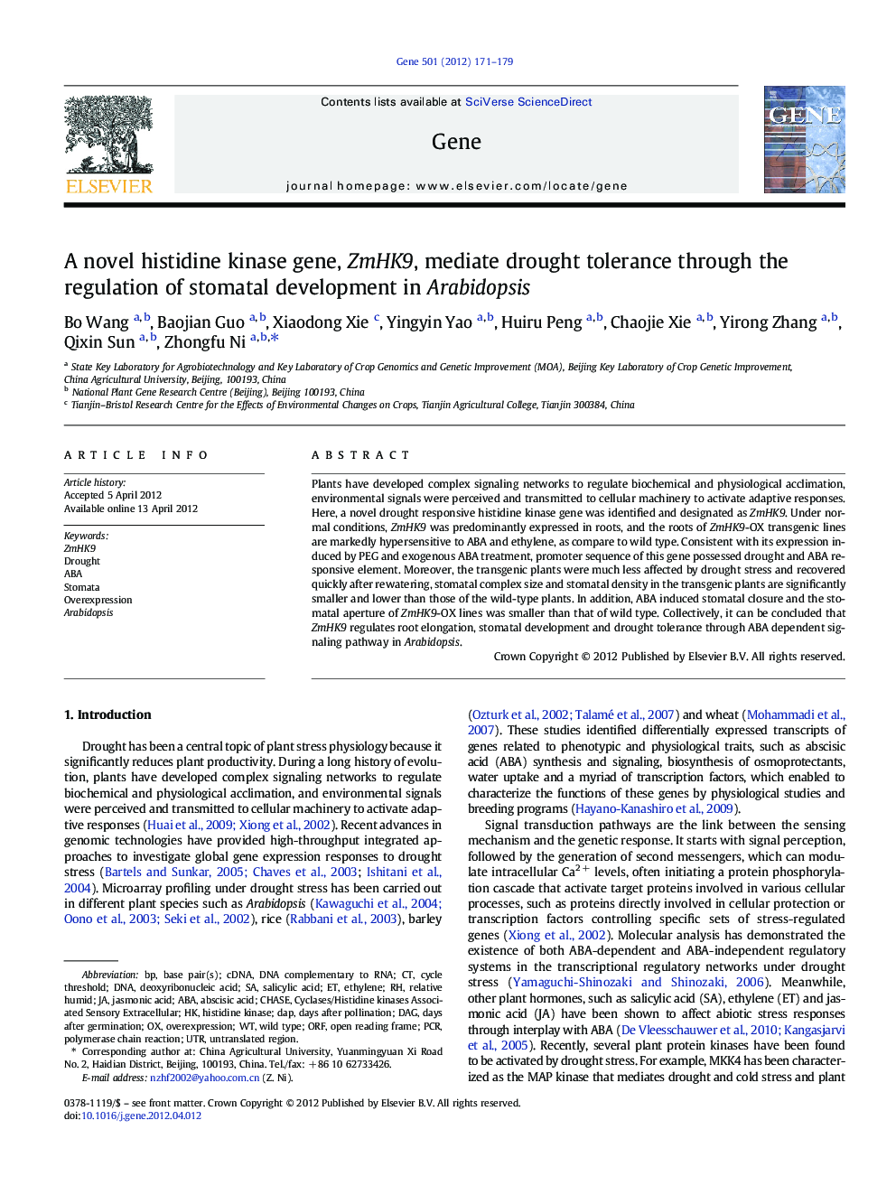 A novel histidine kinase gene, ZmHK9, mediate drought tolerance through the regulation of stomatal development in Arabidopsis