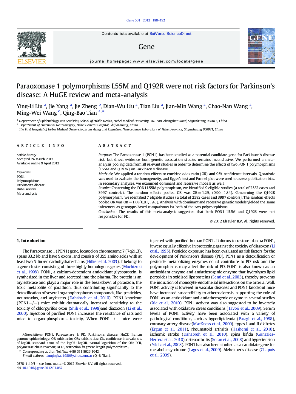 Paraoxonase 1 polymorphisms L55M and Q192R were not risk factors for Parkinson's disease: A HuGE review and meta-analysis