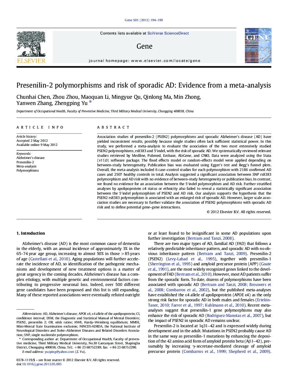 Presenilin-2 polymorphisms and risk of sporadic AD: Evidence from a meta-analysis