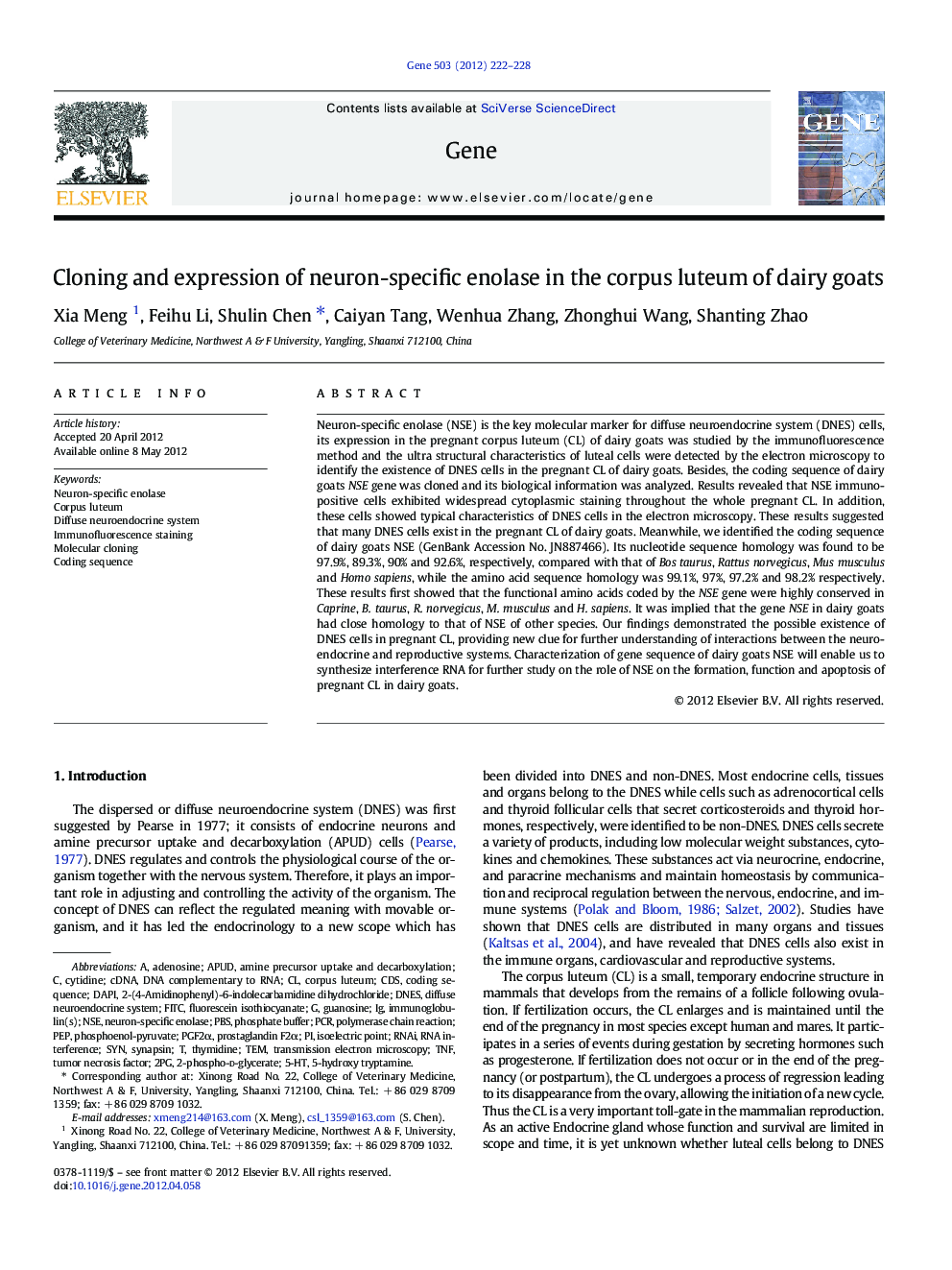 Cloning and expression of neuron-specific enolase in the corpus luteum of dairy goats