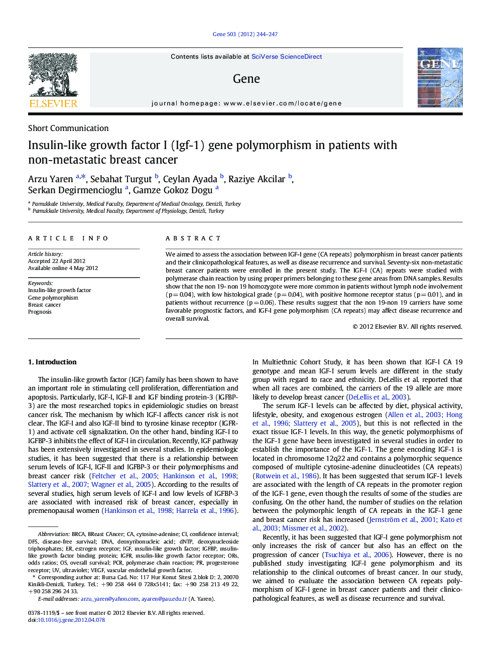 Insulin-like growth factor I (Igf-1) gene polymorphism in patients with non-metastatic breast cancer