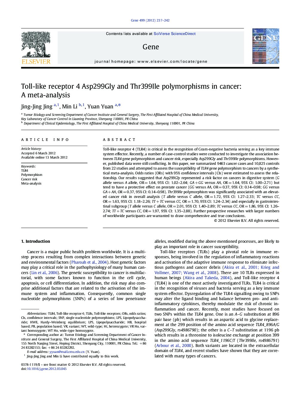 Toll-like receptor 4 Asp299Gly and Thr399Ile polymorphisms in cancer: A meta-analysis