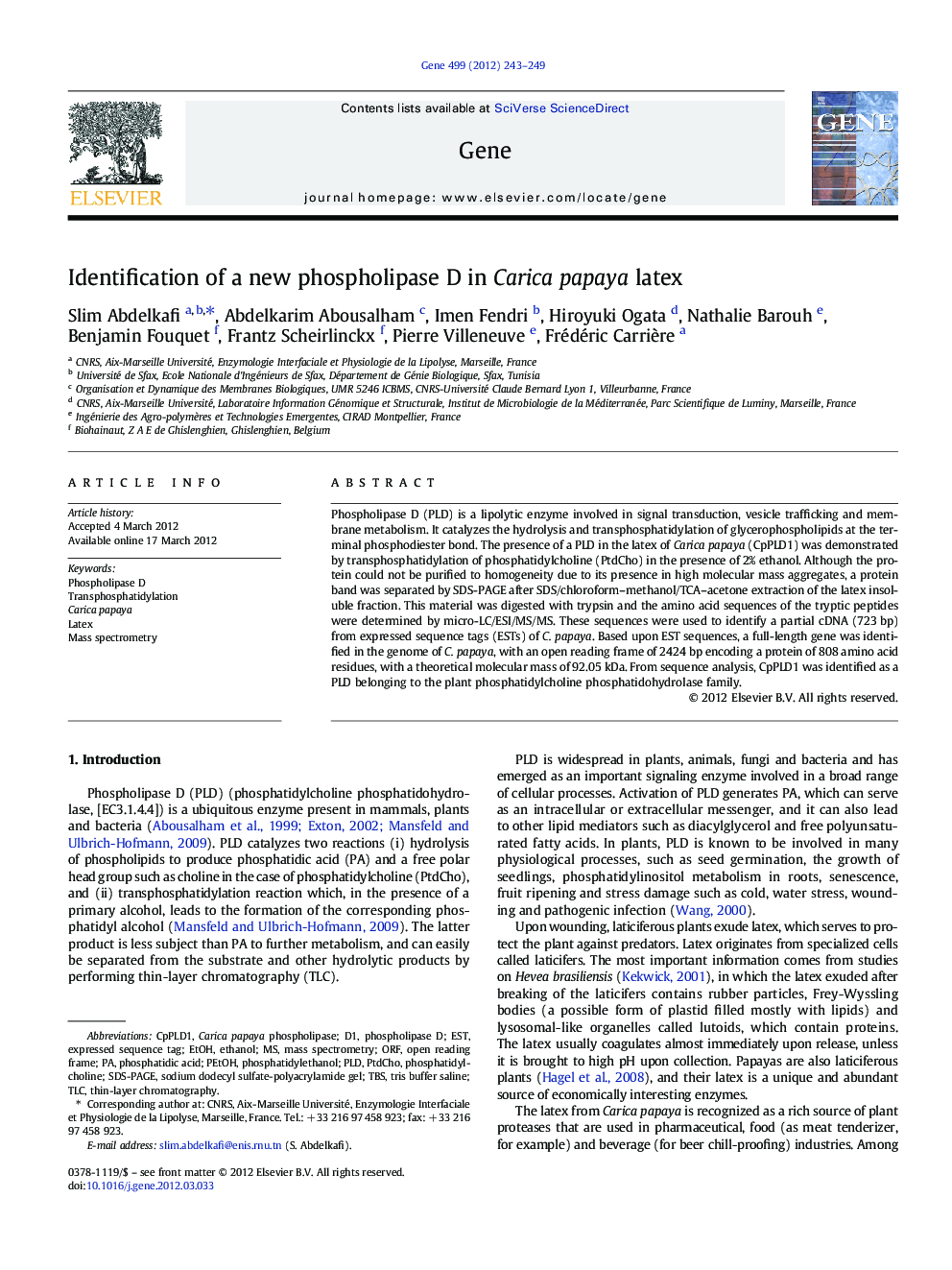 Identification of a new phospholipase D in Carica papaya latex