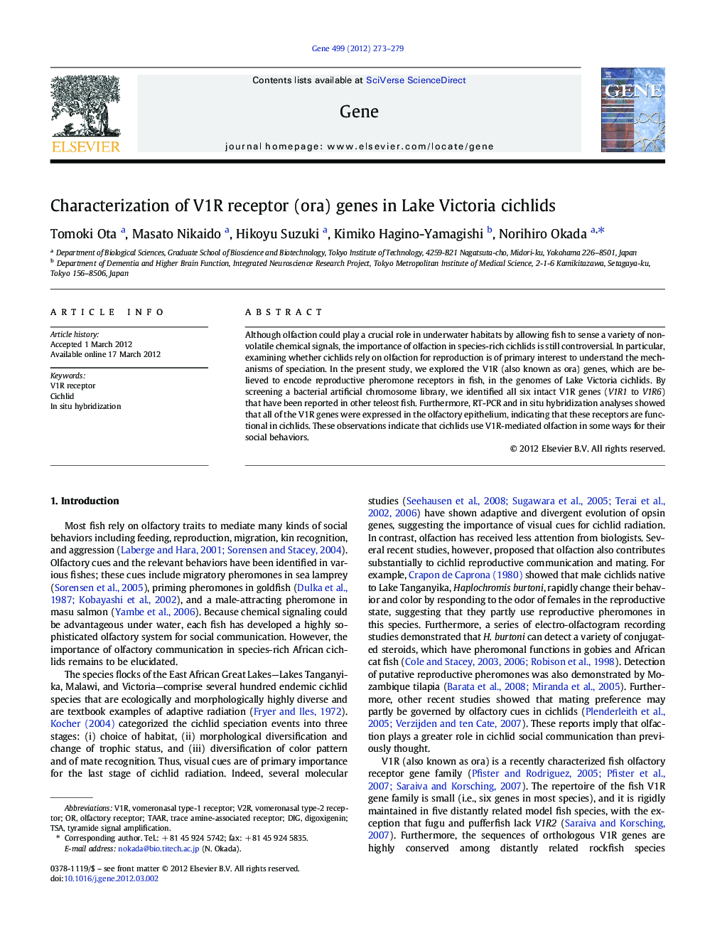 Characterization of V1R receptor (ora) genes in Lake Victoria cichlids