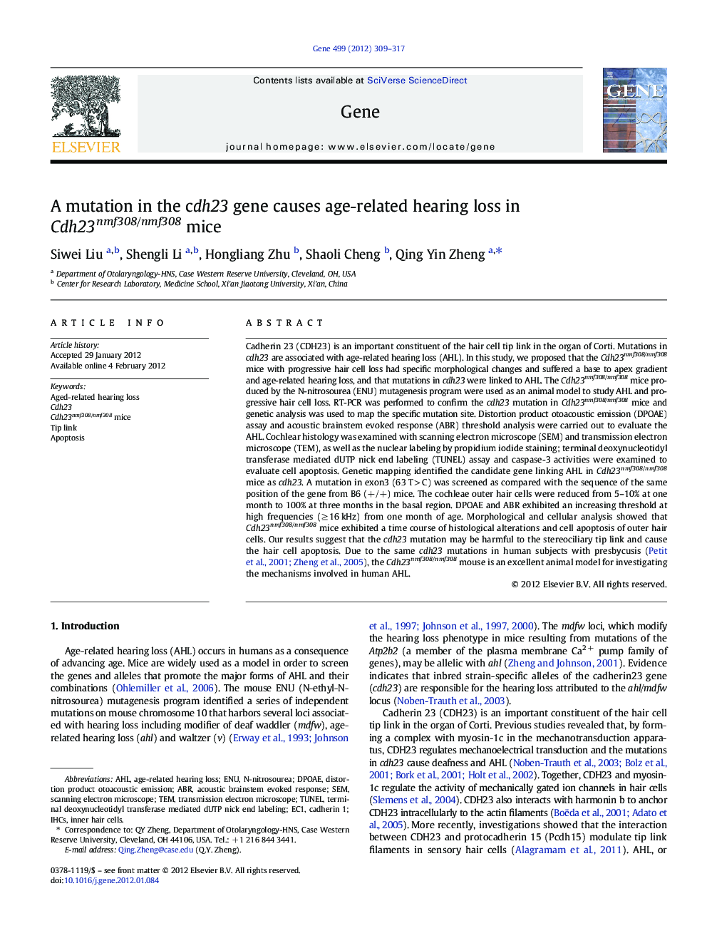 A mutation in the cdh23 gene causes age-related hearing loss in Cdh23nmf308/nmf308 mice