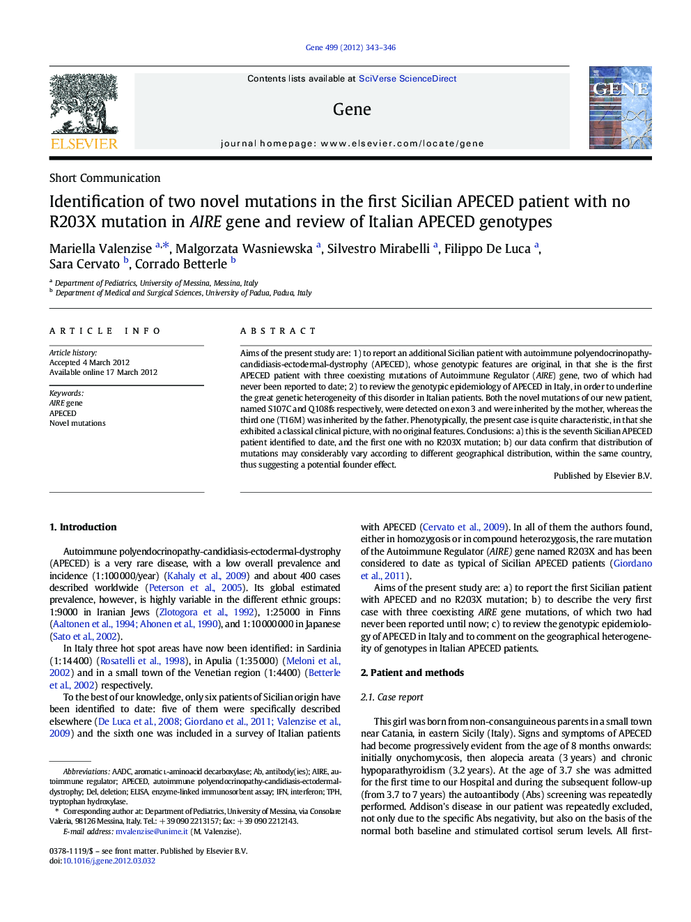 Identification of two novel mutations in the first Sicilian APECED patient with no R203X mutation in AIRE gene and review of Italian APECED genotypes