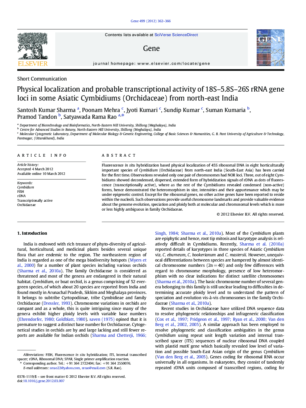 Physical localization and probable transcriptional activity of 18S–5.8S–26S rRNA gene loci in some Asiatic Cymbidiums (Orchidaceae) from north-east India