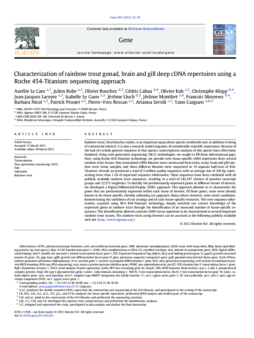 عکس صفحه اول مقاله: Characterization of rainbow trout gonad, brain and gill deep cDNA repertoires using a Roche 454-Titanium sequencing approach Characterization of rainbow trout gonad, brain and gill deep cDNA repertoires using a Roche 454-Titanium sequencing approach