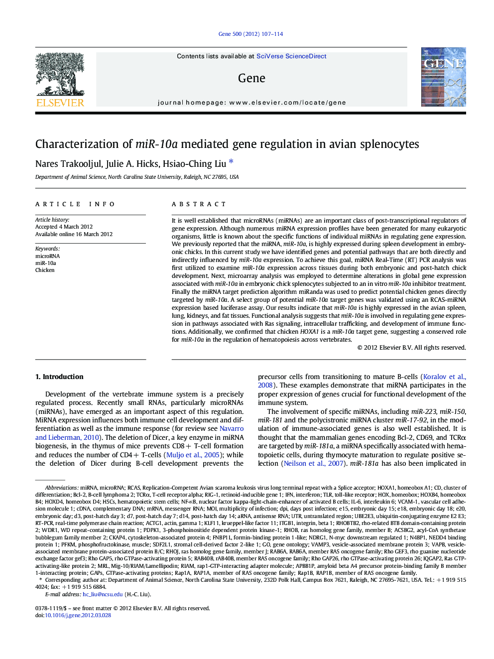 Characterization of miR-10a mediated gene regulation in avian splenocytes