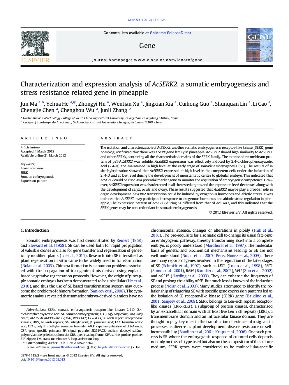 Characterization and expression analysis of AcSERK2, a somatic embryogenesis and stress resistance related gene in pineapple