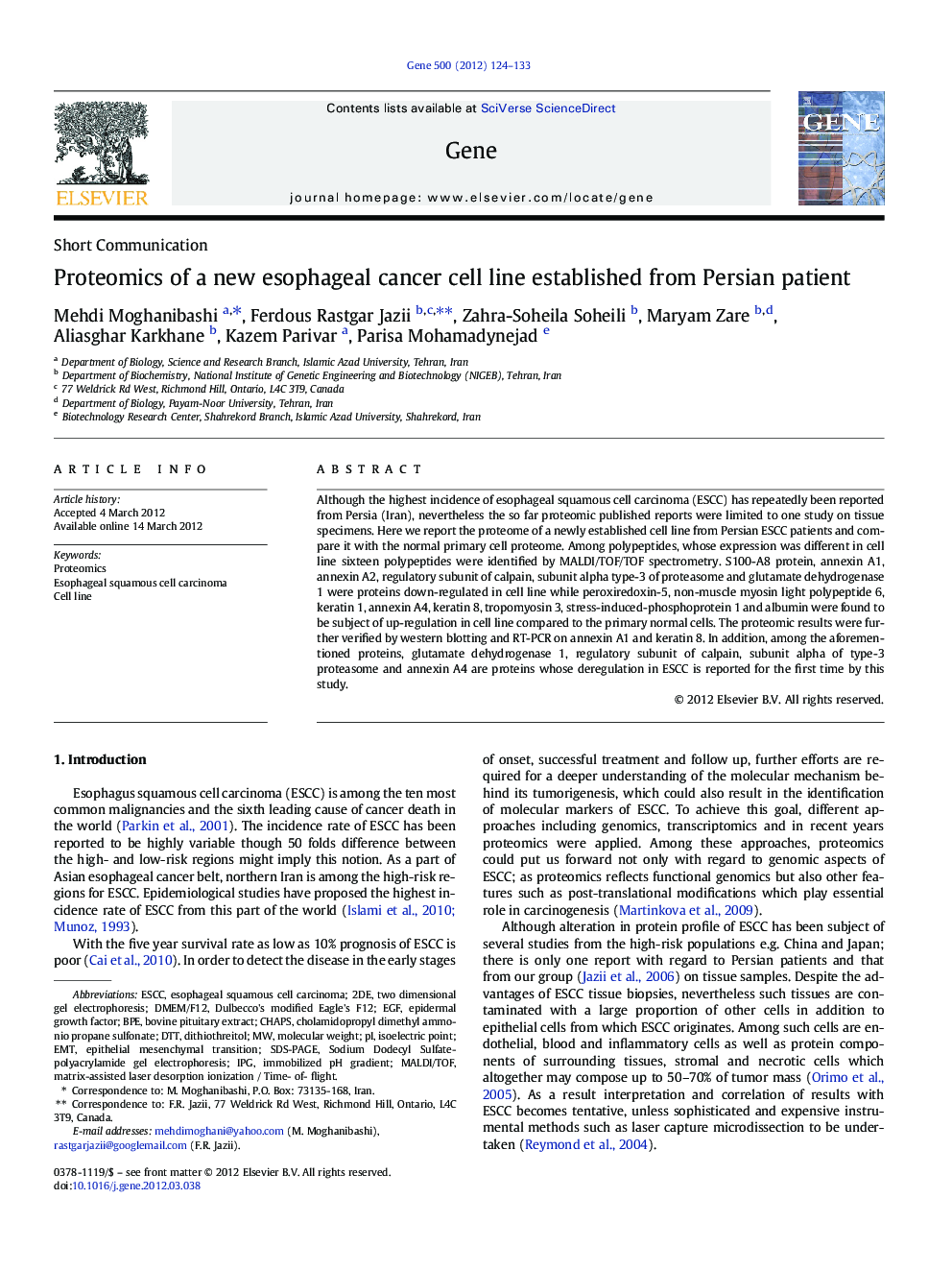 Proteomics of a new esophageal cancer cell line established from Persian patient