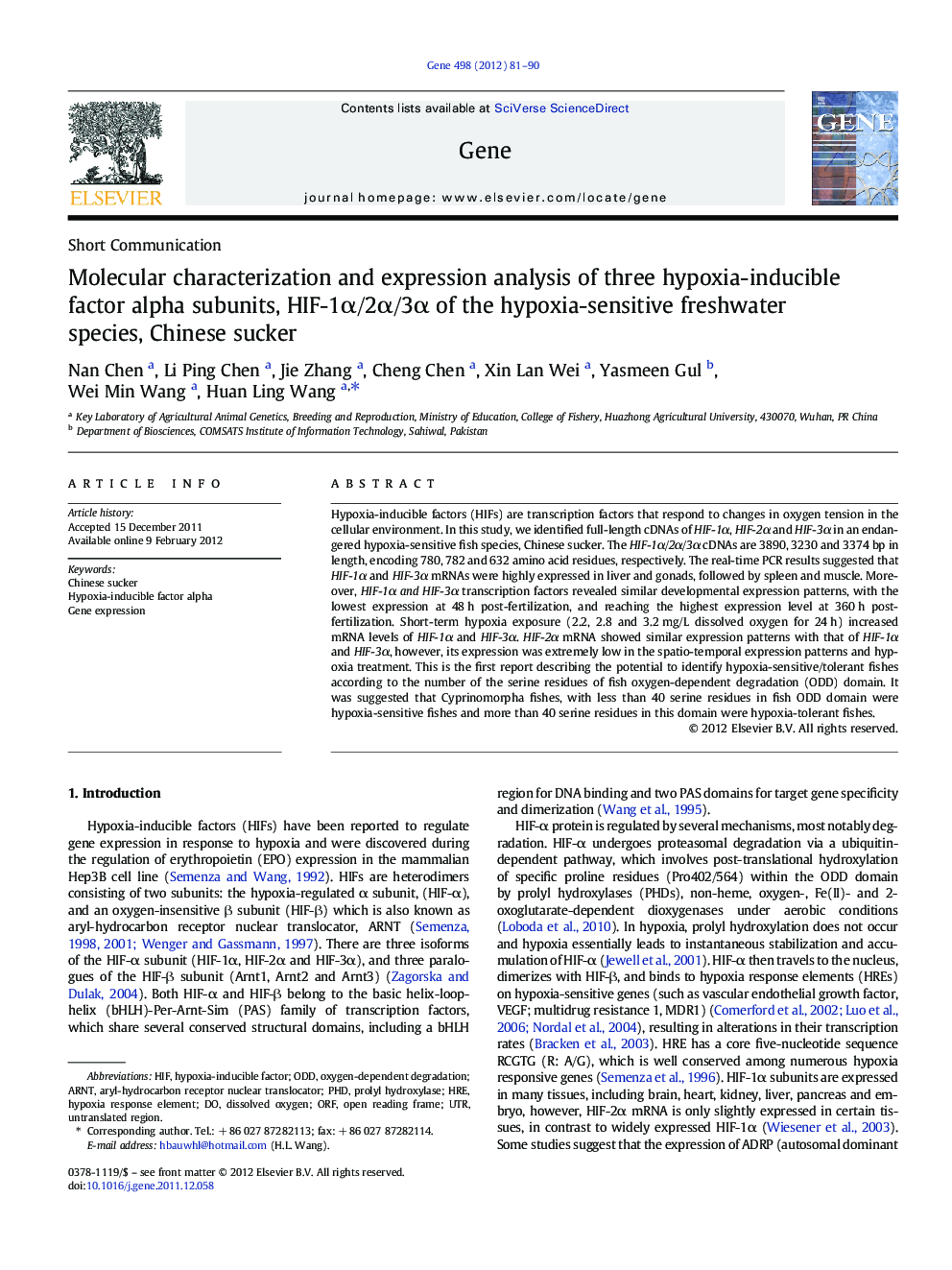 Molecular characterization and expression analysis of three hypoxia-inducible factor alpha subunits, HIF-1α/2α/3α of the hypoxia-sensitive freshwater species, Chinese sucker