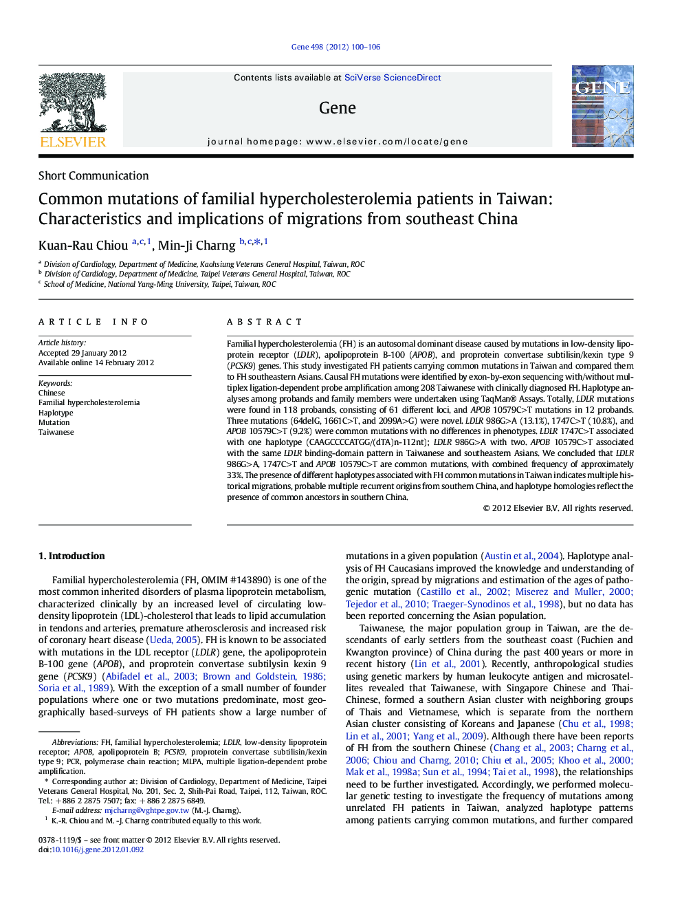 Common mutations of familial hypercholesterolemia patients in Taiwan: Characteristics and implications of migrations from southeast China