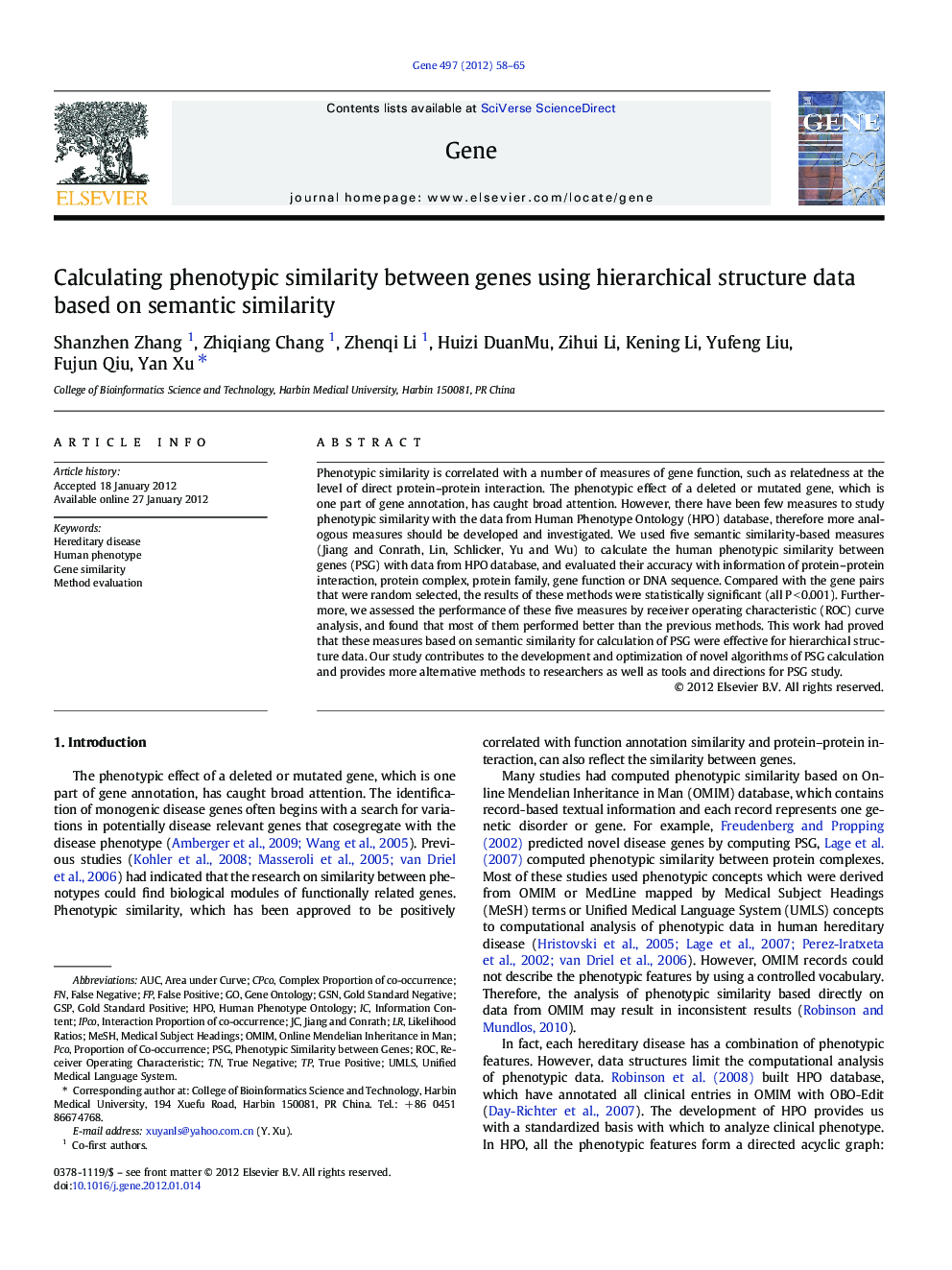 Calculating phenotypic similarity between genes using hierarchical structure data based on semantic similarity