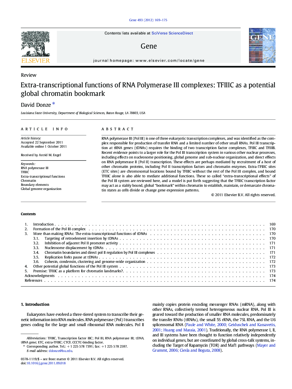 Extra-transcriptional functions of RNA Polymerase III complexes: TFIIIC as a potential global chromatin bookmark