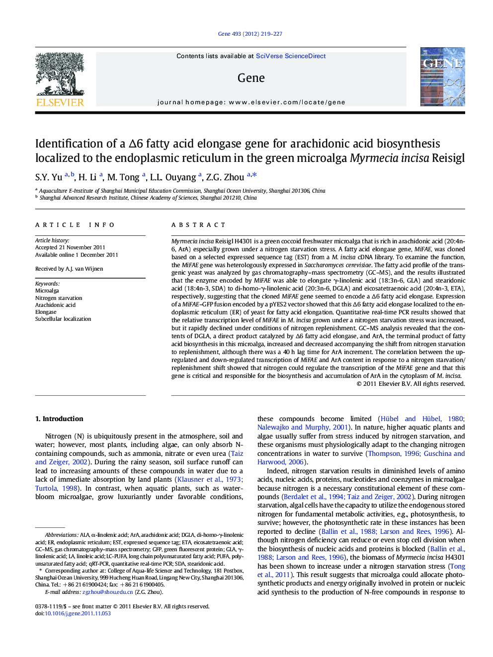 Identification of a Δ6 fatty acid elongase gene for arachidonic acid biosynthesis localized to the endoplasmic reticulum in the green microalga Myrmecia incisa Reisigl