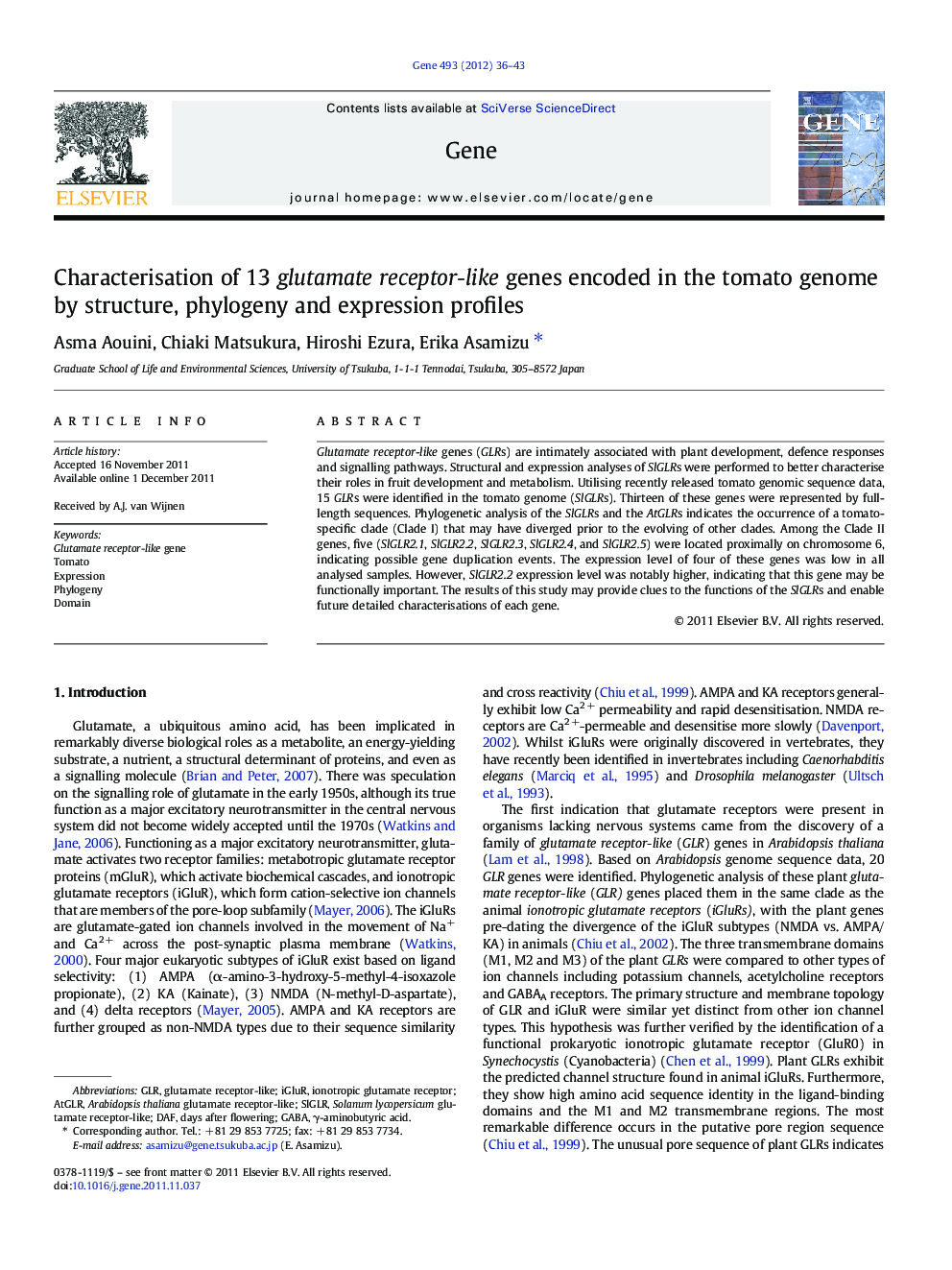 Characterisation of 13 glutamate receptor-like genes encoded in the tomato genome by structure, phylogeny and expression profiles