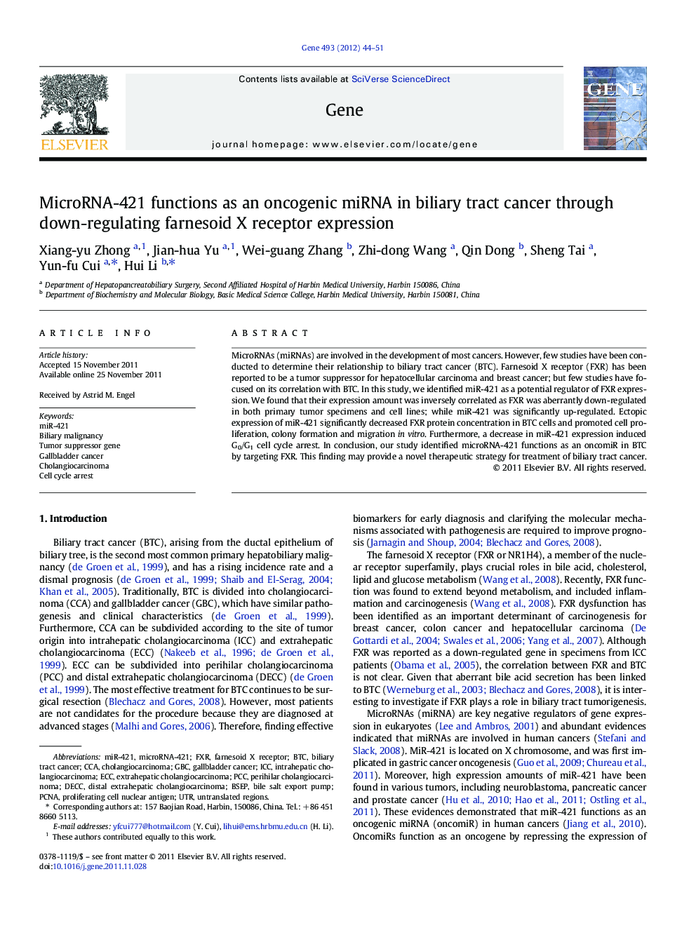 MicroRNA-421 functions as an oncogenic miRNA in biliary tract cancer through down-regulating farnesoid X receptor expression