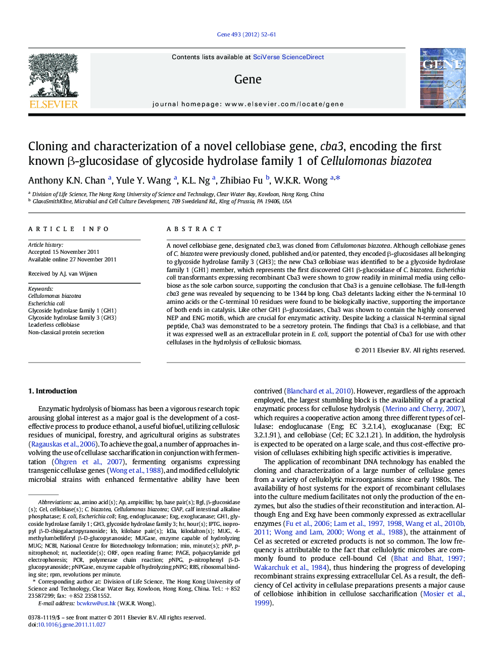 Cloning and characterization of a novel cellobiase gene, cba3, encoding the first known β-glucosidase of glycoside hydrolase family 1 of Cellulomonas biazotea