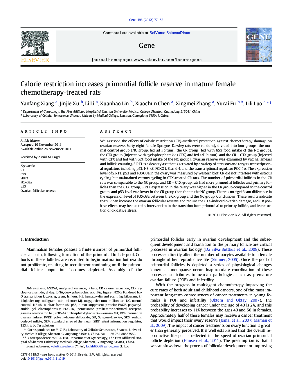 Calorie restriction increases primordial follicle reserve in mature female chemotherapy-treated rats