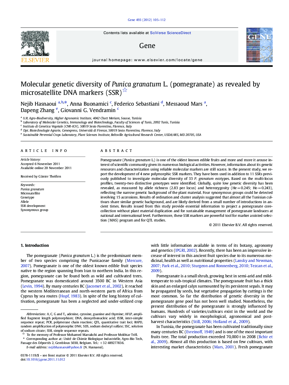 Molecular genetic diversity of Punica granatum L. (pomegranate) as revealed by microsatellite DNA markers (SSR) 