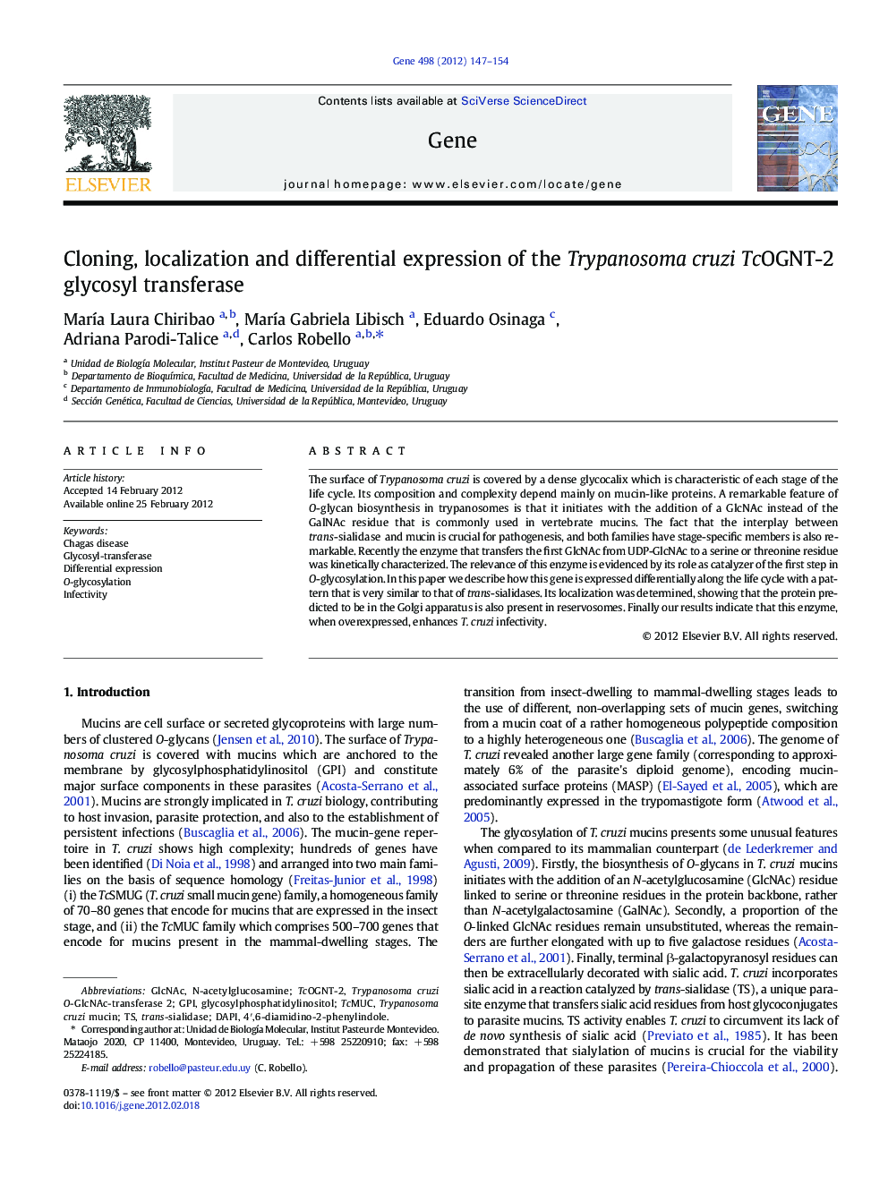 Cloning, localization and differential expression of the Trypanosoma cruzi TcOGNT-2 glycosyl transferase