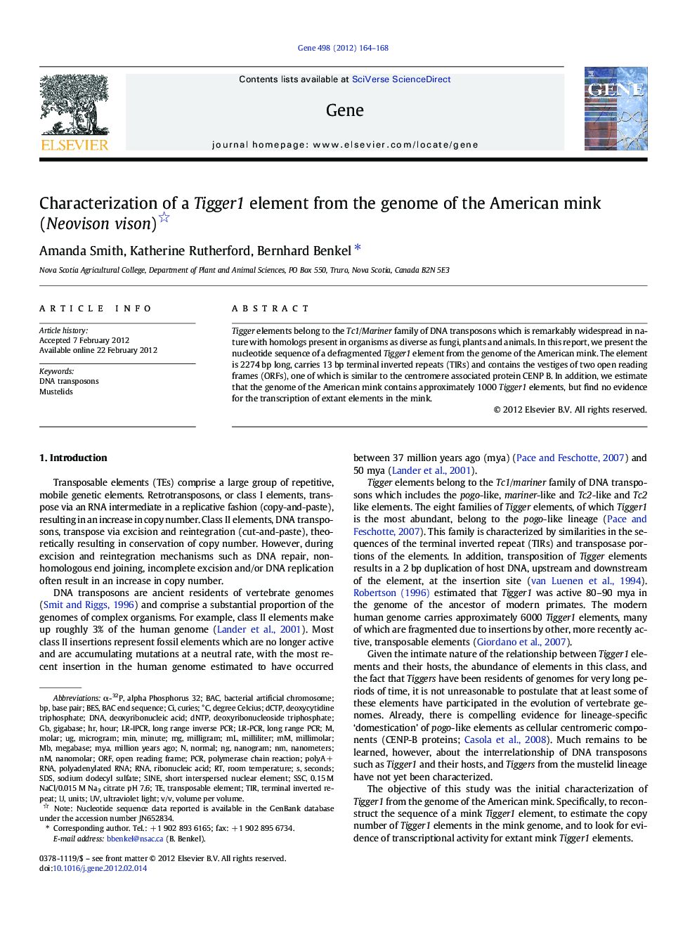 Characterization of a Tigger1 element from the genome of the American mink (Neovison vison) 