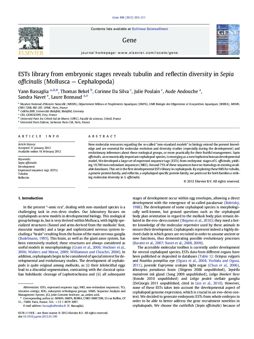 ESTs library from embryonic stages reveals tubulin and reflectin diversity in Sepia officinalis (Mollusca — Cephalopoda)