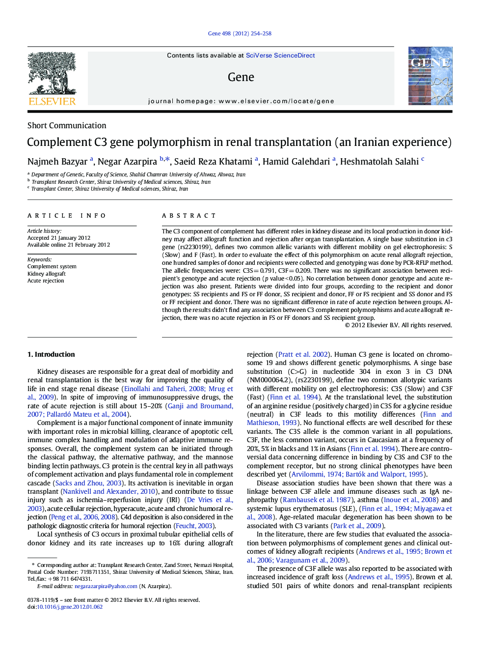 Complement C3 gene polymorphism in renal transplantation (an Iranian experience)