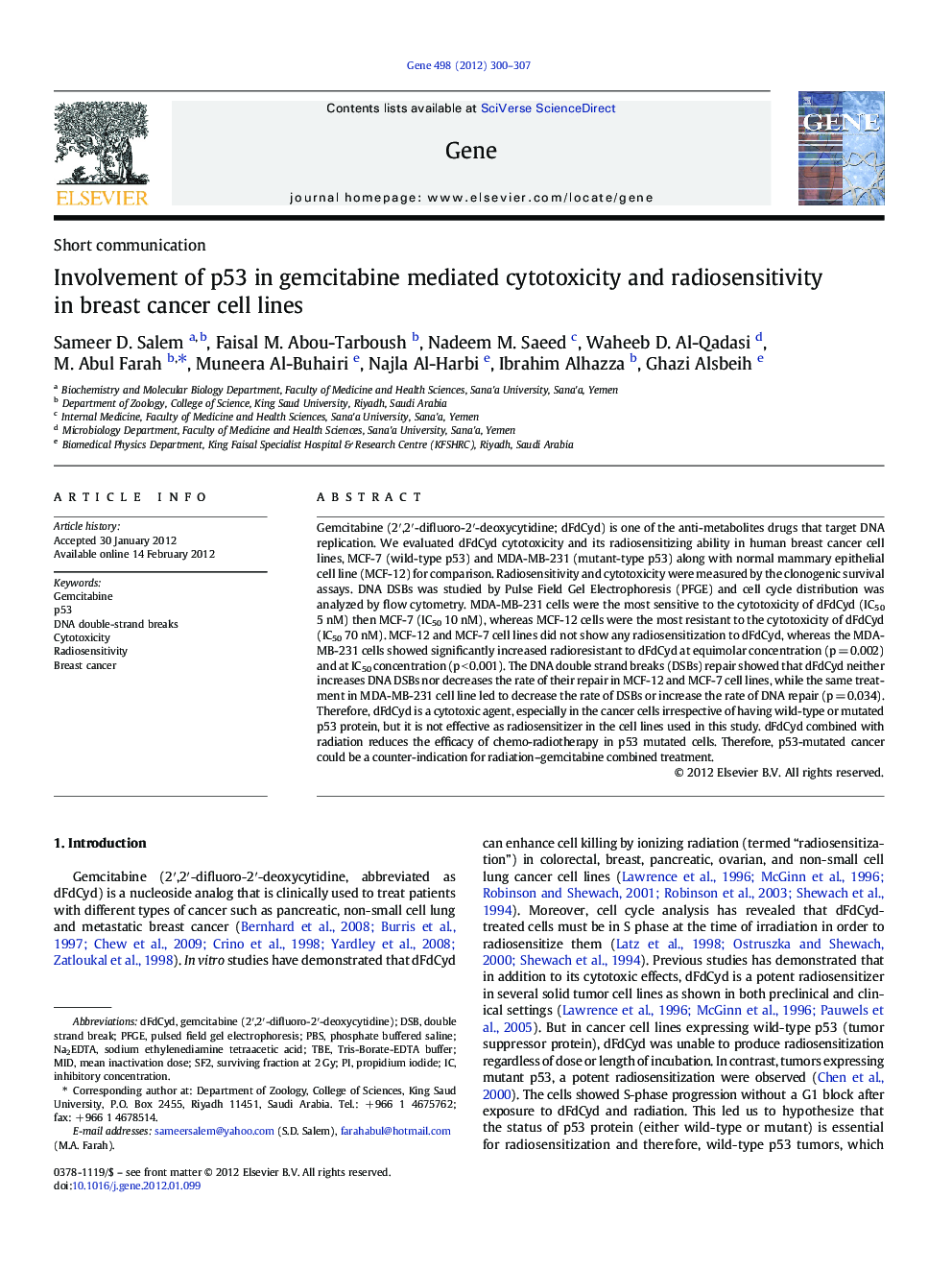 Involvement of p53 in gemcitabine mediated cytotoxicity and radiosensitivity in breast cancer cell lines