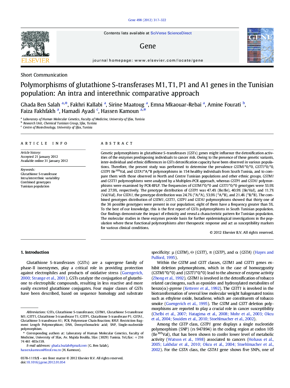 Polymorphisms of glutathione S-transferases M1, T1, P1 and A1 genes in the Tunisian population: An intra and interethnic comparative approach