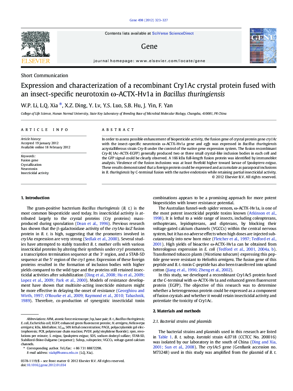 Expression and characterization of a recombinant Cry1Ac crystal protein fused with an insect-specific neurotoxin ω-ACTX-Hv1a in Bacillus thuringiensis