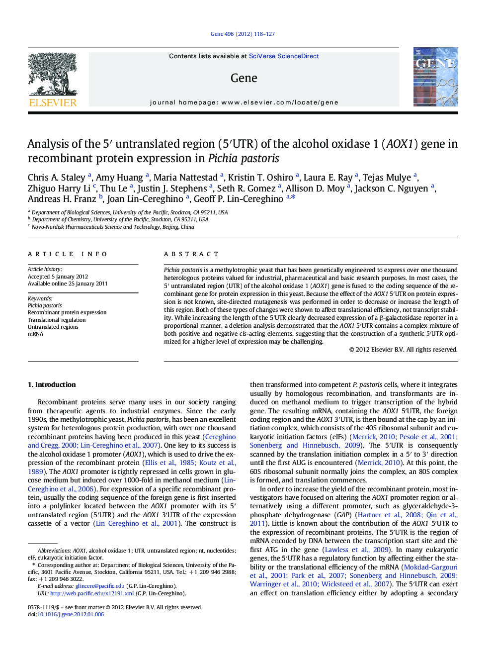 Analysis of the 5′ untranslated region (5′UTR) of the alcohol oxidase 1 (AOX1) gene in recombinant protein expression in Pichia pastoris