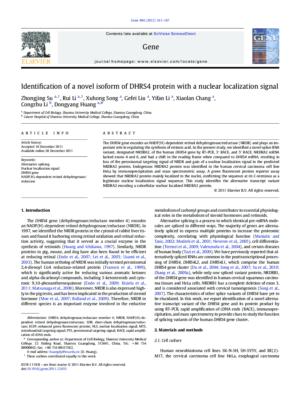 Identification of a novel isoform of DHRS4 protein with a nuclear localization signal