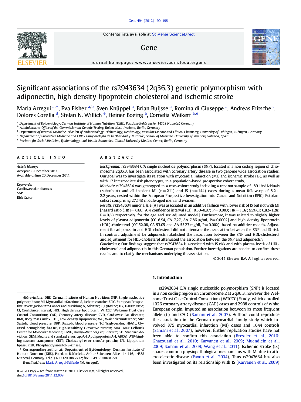 Significant associations of the rs2943634 (2q36.3) genetic polymorphism with adiponectin, high density lipoprotein cholesterol and ischemic stroke