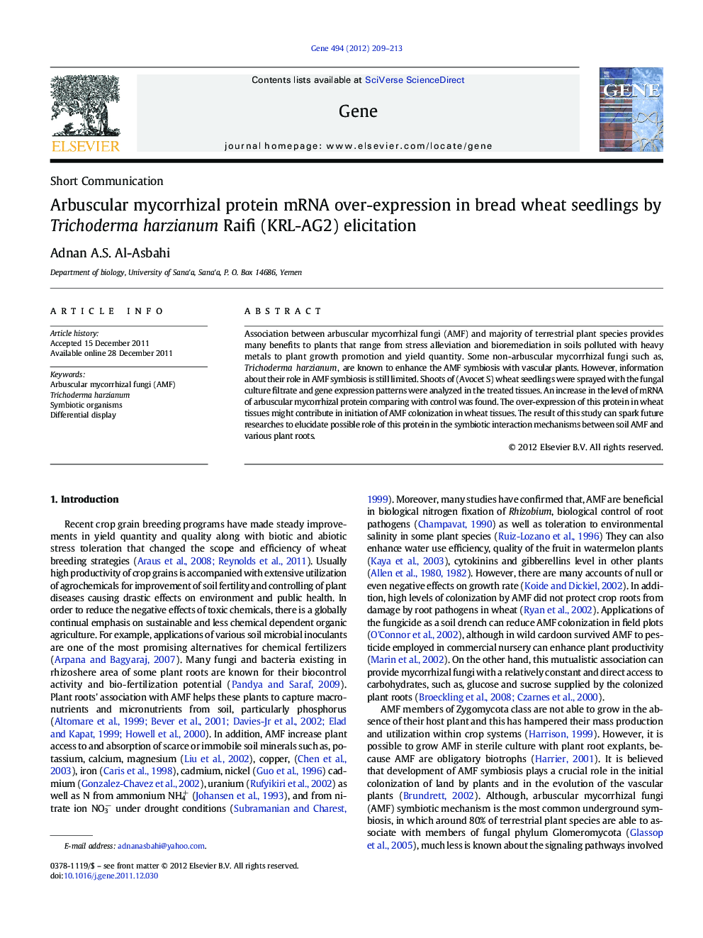 Arbuscular mycorrhizal protein mRNA over-expression in bread wheat seedlings by Trichoderma harzianum Raifi (KRL-AG2) elicitation