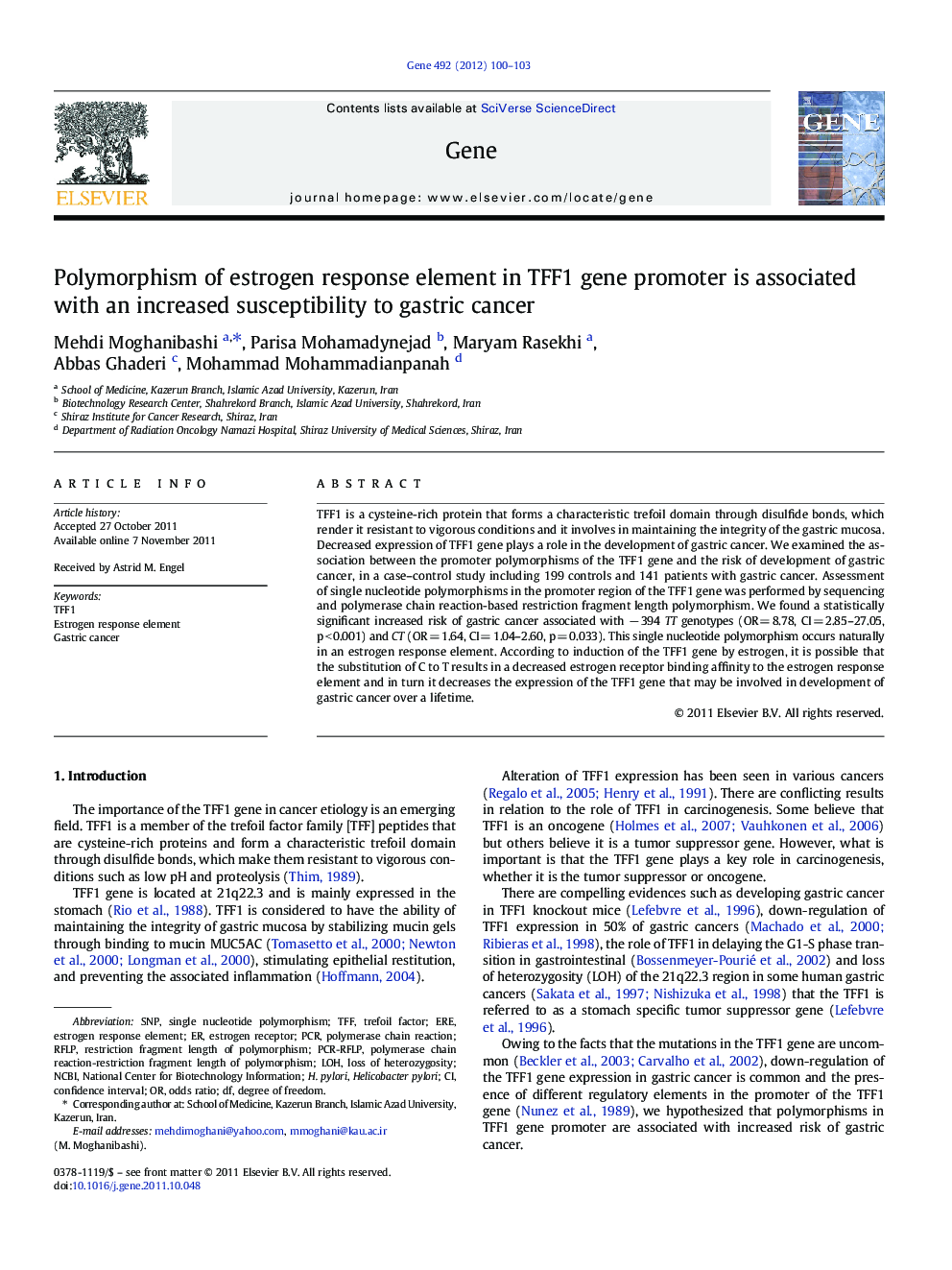 Polymorphism of estrogen response element in TFF1 gene promoter is associated with an increased susceptibility to gastric cancer