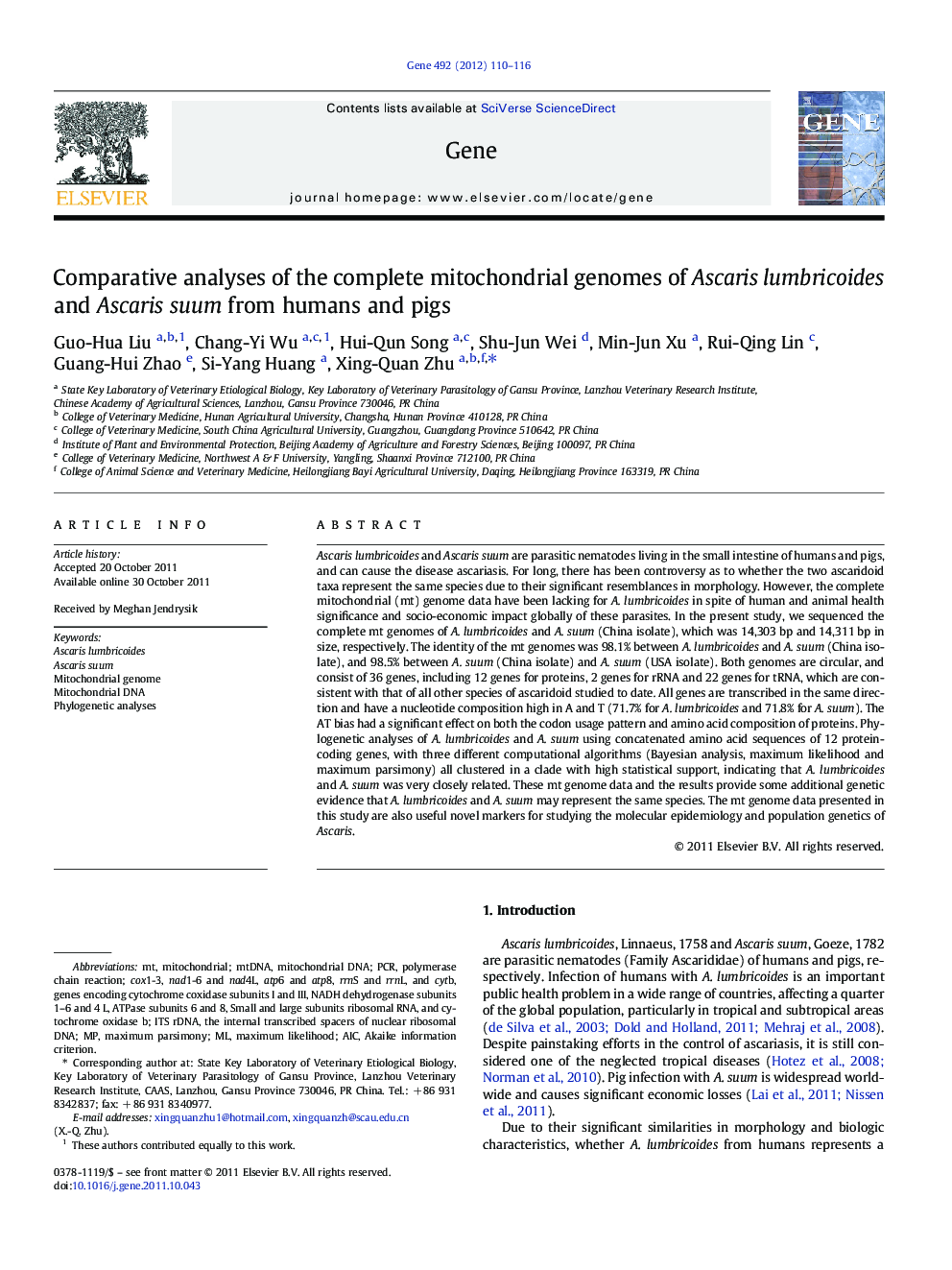 Comparative analyses of the complete mitochondrial genomes of Ascaris lumbricoides and Ascaris suum from humans and pigs