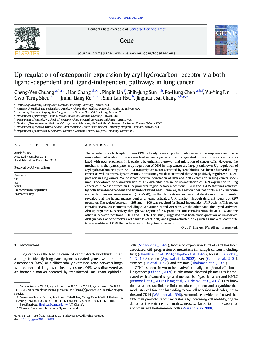 Up-regulation of osteopontin expression by aryl hydrocarbon receptor via both ligand-dependent and ligand-independent pathways in lung cancer